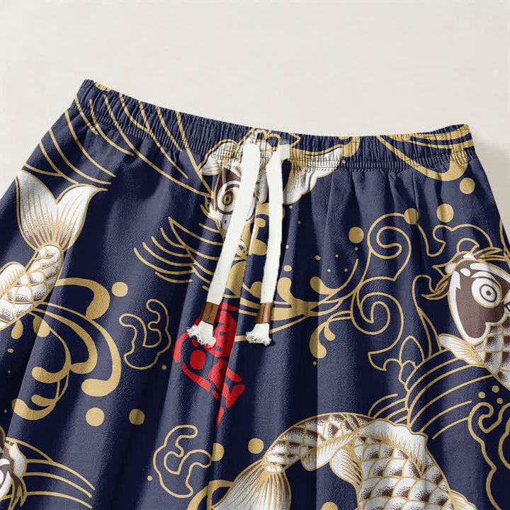 Buddha Stones Pure Cotton Koi Fish Ocean Waves Pattern Drawstring Men's Harem Pants With Pockets - image 9