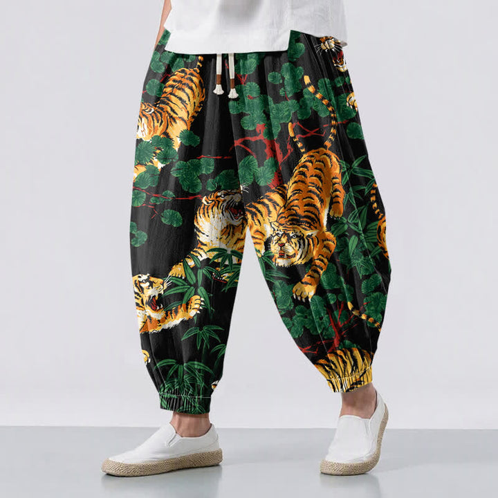 Buddha Stones Pure Cotton Tiger Tropical Leaf Pattern Drawstring Men's Harem Pants With Pockets - Black - US/UK/AU50，EU60 (5XL) - image 0