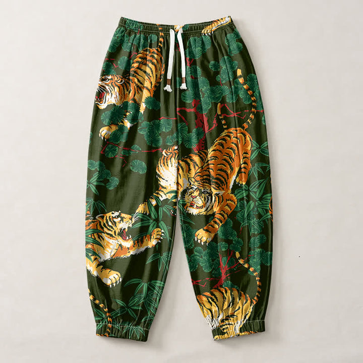 Buddha Stones Pure Cotton Tiger Tropical Leaf Pattern Drawstring Men's Harem Pants With Pockets - image 7