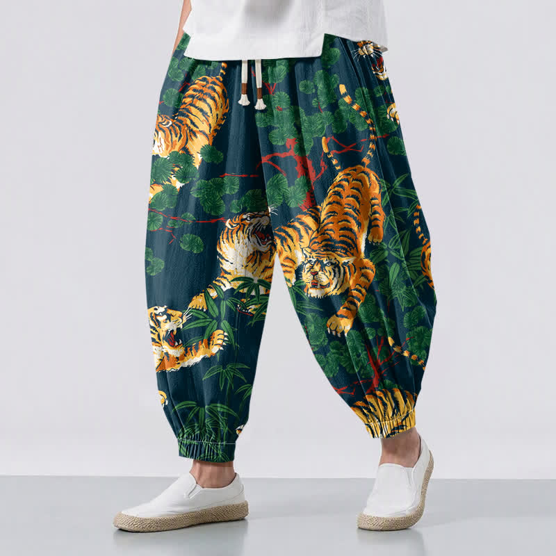 Buddha Stones Pure Cotton Tiger Tropical Leaf Pattern Drawstring Men's Harem Pants With Pockets - Teal - US/UK/AU50，EU60 (5XL) - image 12