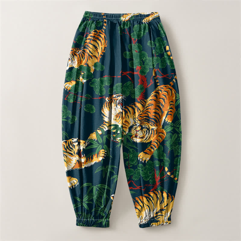 Buddha Stones Pure Cotton Tiger Tropical Leaf Pattern Drawstring Men's Harem Pants With Pockets - image 14