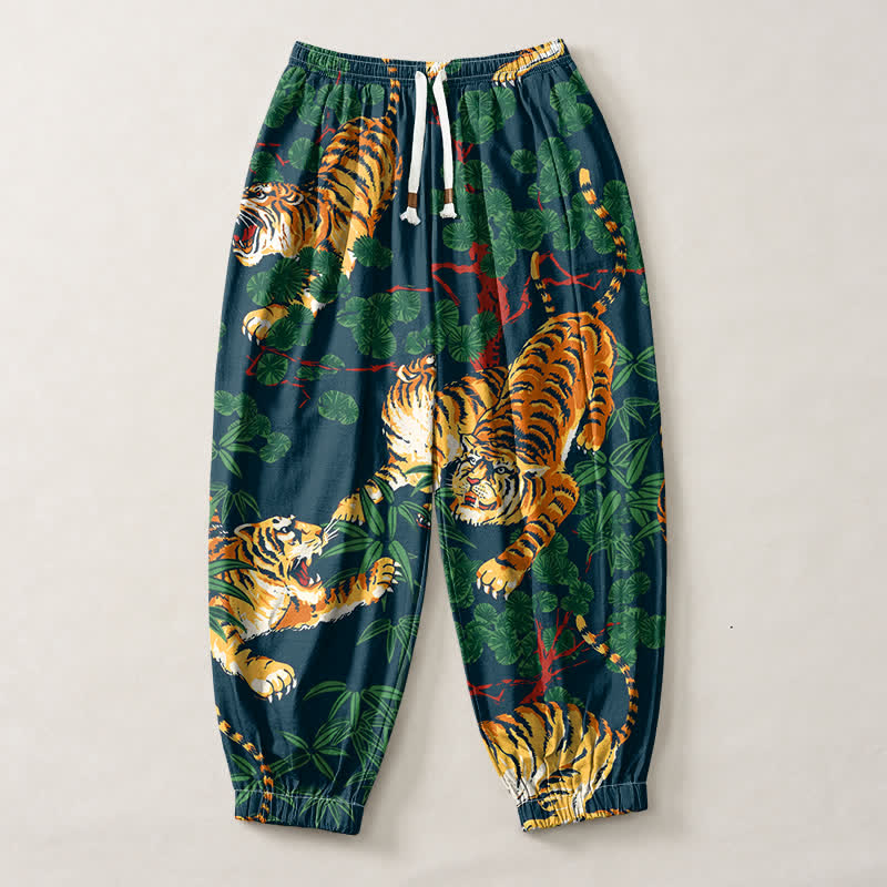 Buddha Stones Pure Cotton Tiger Tropical Leaf Pattern Drawstring Men's Harem Pants With Pockets - image 13