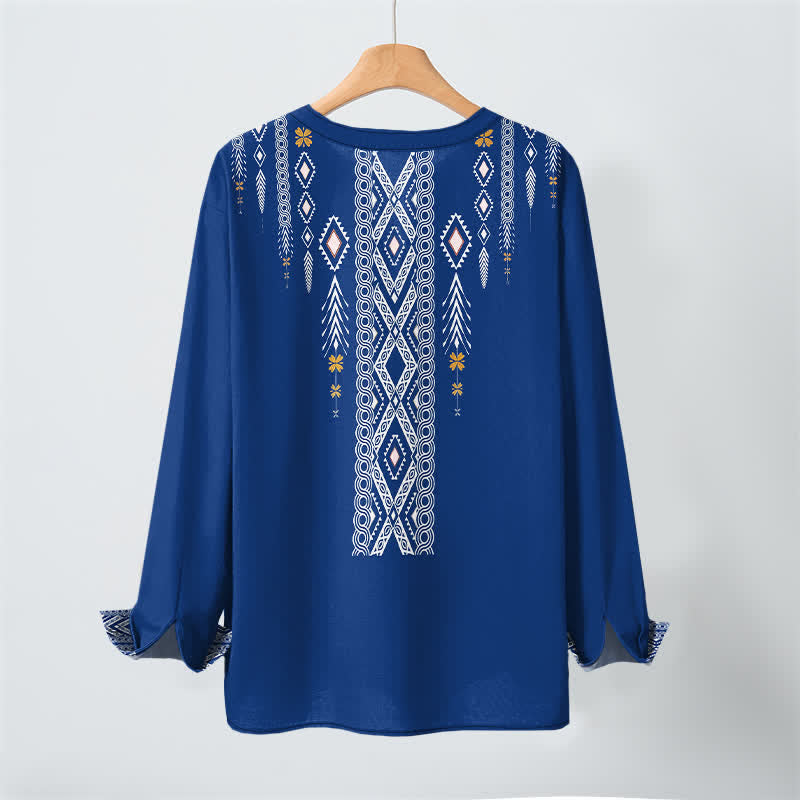 Buddha Stones Cotton Tribal Rhombus Geometric Pattern V-Neck Buttons Men's Long Sleeve Shirts - image 3