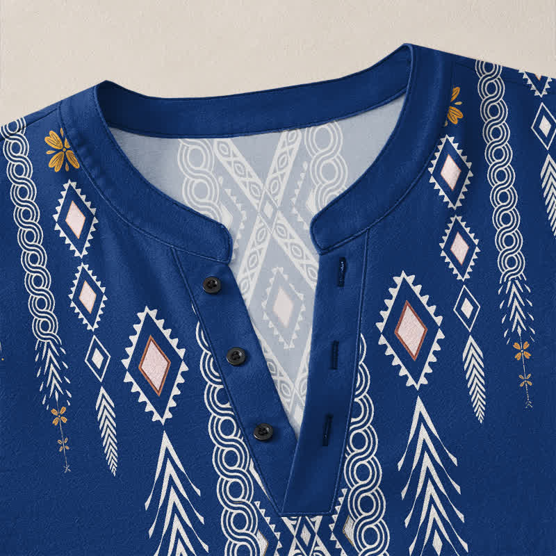 Buddha Stones Cotton Tribal Rhombus Geometric Pattern V-Neck Buttons Men's Long Sleeve Shirts - image 4