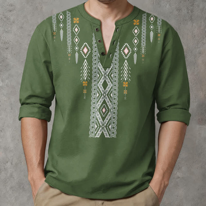 Buddha Stones Cotton Tribal Rhombus Geometric Pattern V-Neck Buttons Men's Long Sleeve Shirts - image 8