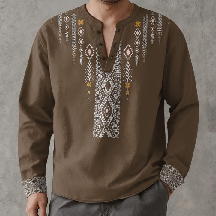 Buddha Stones Cotton Tribal Rhombus Geometric Pattern V-Neck Buttons Men's Long Sleeve Shirts - SaddleBrown - US/UK/AU48，EU58 (4XL) - image 14