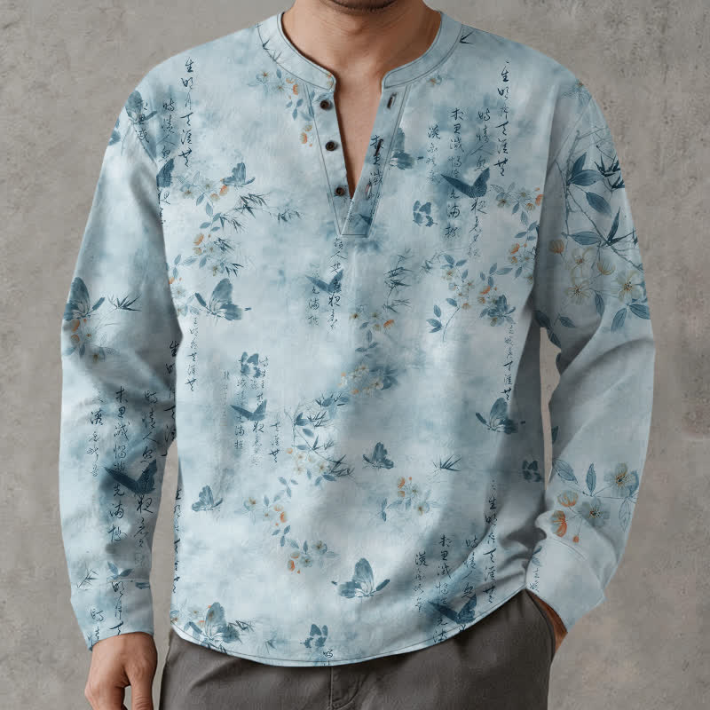 Buddha Stones Cotton Butterfly Floral Calligraphy Pattern V-Neck Buttons Men's Long Sleeve Shirts - LightBlue - US/UK/AU48，EU58 (4XL) - image 7