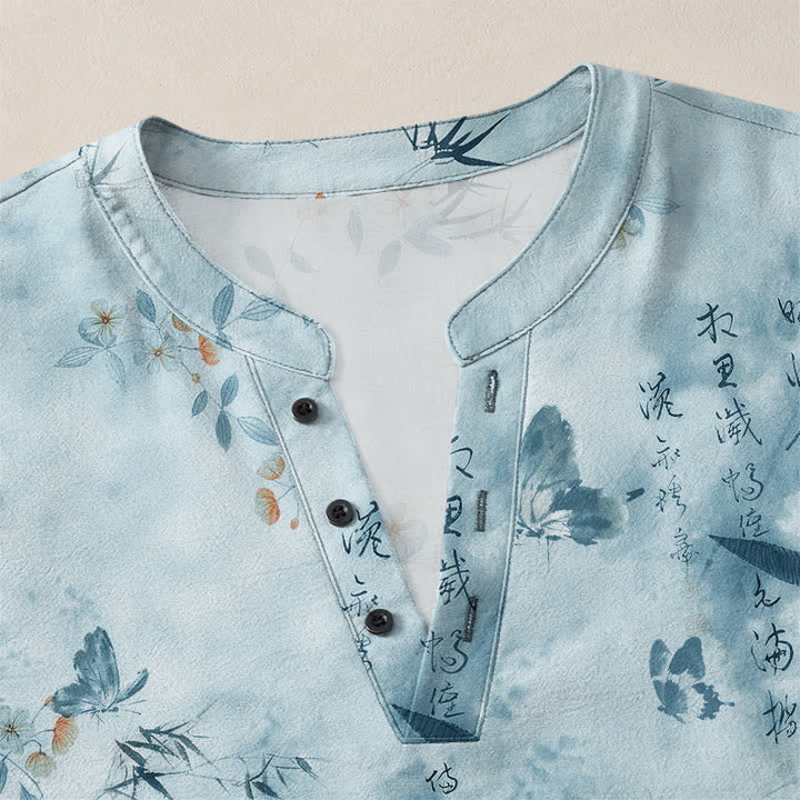 Buddha Stones Cotton Butterfly Floral Calligraphy Pattern V-Neck Buttons Men's Long Sleeve Shirts - image 11