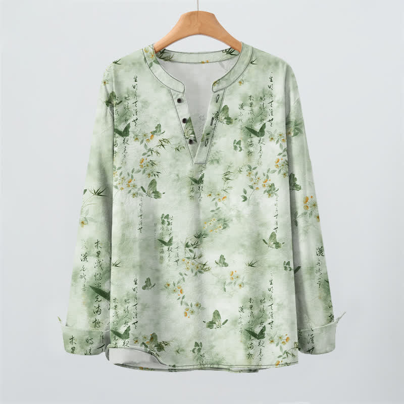 Buddha Stones Cotton Butterfly Floral Calligraphy Pattern V-Neck Buttons Men's Long Sleeve Shirts - image 16