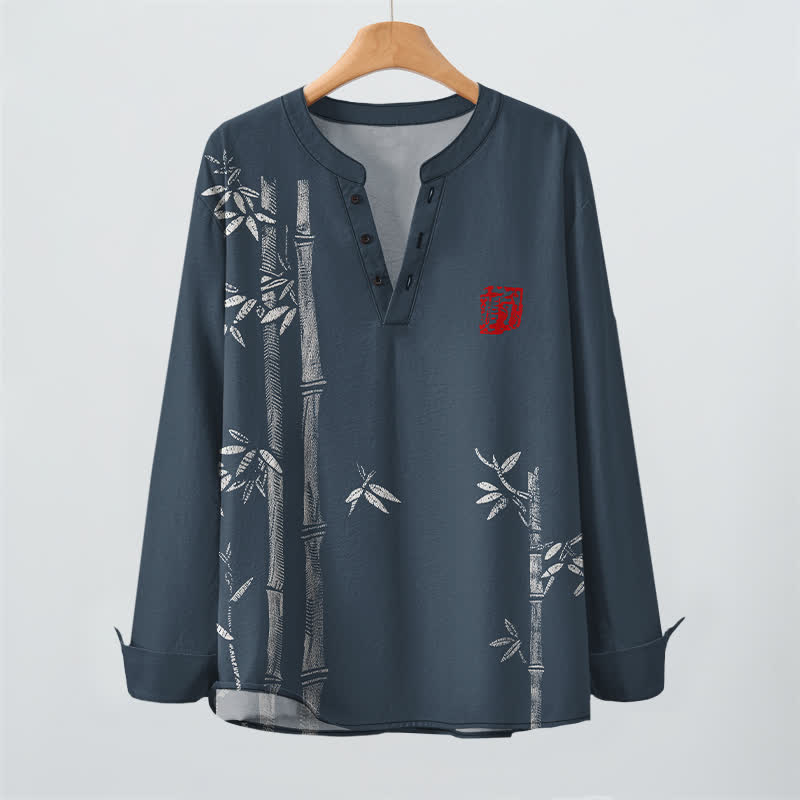 Buddha Stones Cotton White Bamboo Pattern V-Neck Buttons Men's Long Sleeve Shirts - image 2