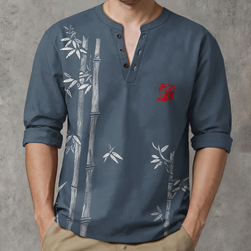 Buddha Stones Cotton White Bamboo Pattern V-Neck Buttons Men's Long Sleeve Shirts - SteelBlue - US/UK/AU48，EU58 (4XL) - image 0