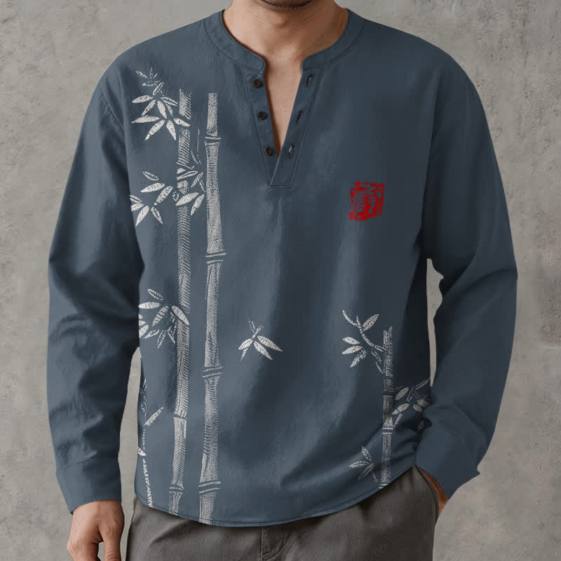 Buddha Stones Cotton White Bamboo Pattern V-Neck Buttons Men's Long Sleeve Shirts - image 1