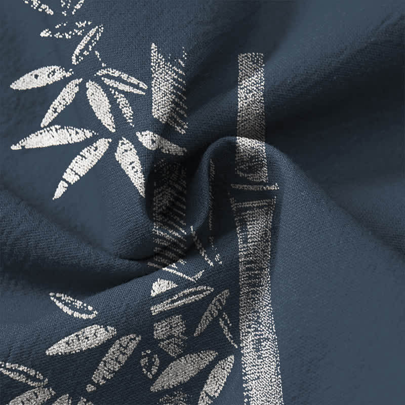 Buddha Stones Cotton White Bamboo Pattern V-Neck Buttons Men's Long Sleeve Shirts - image 6