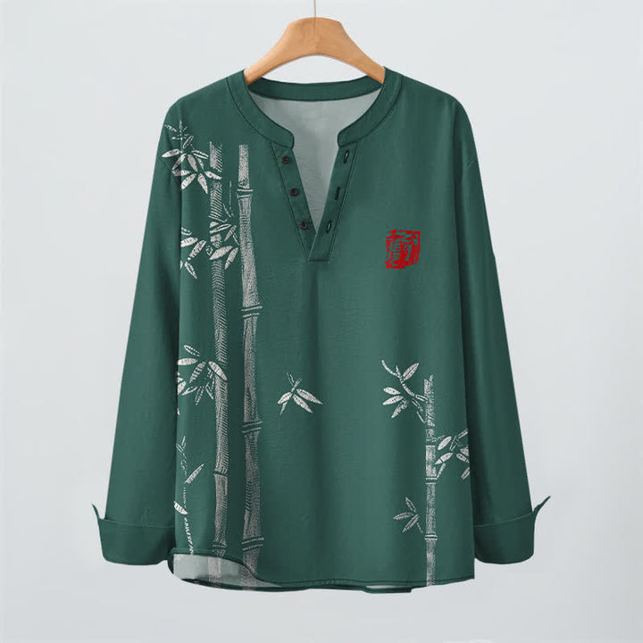 Buddha Stones Cotton White Bamboo Pattern V-Neck Buttons Men's Long Sleeve Shirts - image 9