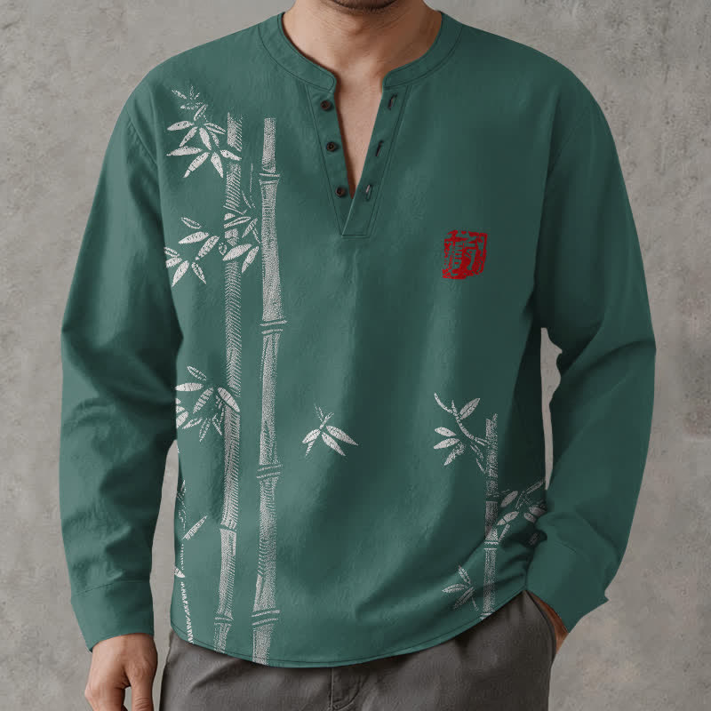 Buddha Stones Cotton White Bamboo Pattern V-Neck Buttons Men's Long Sleeve Shirts - image 8