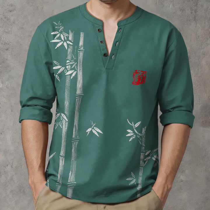 Buddha Stones Cotton White Bamboo Pattern V-Neck Buttons Men's Long Sleeve Shirts - Teal - US/UK/AU48，EU58 (4XL) - image 7