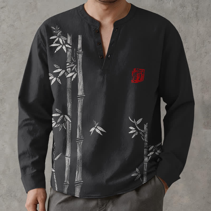 Buddha Stones Cotton White Bamboo Pattern V-Neck Buttons Men's Long Sleeve Shirts - image 15