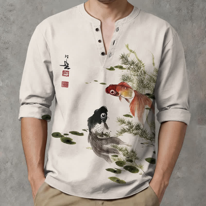 Buddha Stones Cotton Koi Fish Lotus Leaf Grass Ink Pattern V-Neck Buttons Men's Long Sleeve Shirts - image 1
