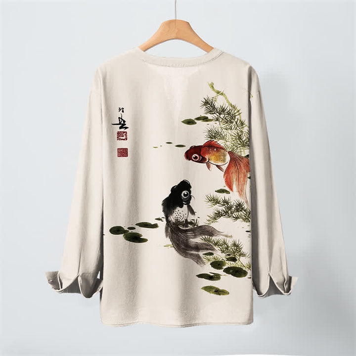 Buddha Stones Cotton Koi Fish Lotus Leaf Grass Ink Pattern V-Neck Buttons Men's Long Sleeve Shirts - image 3