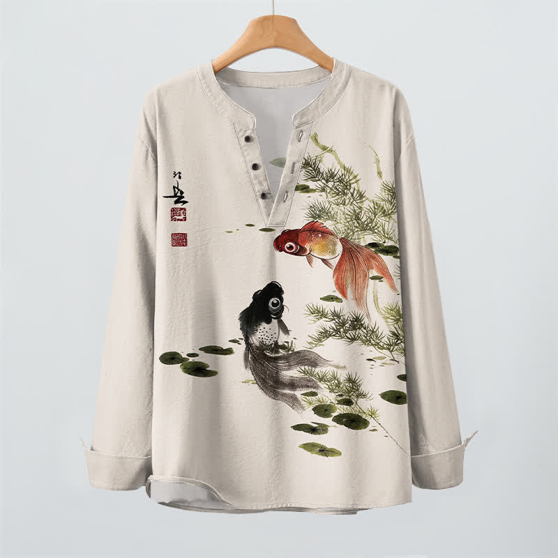 Buddha Stones Cotton Koi Fish Lotus Leaf Grass Ink Pattern V-Neck Buttons Men's Long Sleeve Shirts - image 2