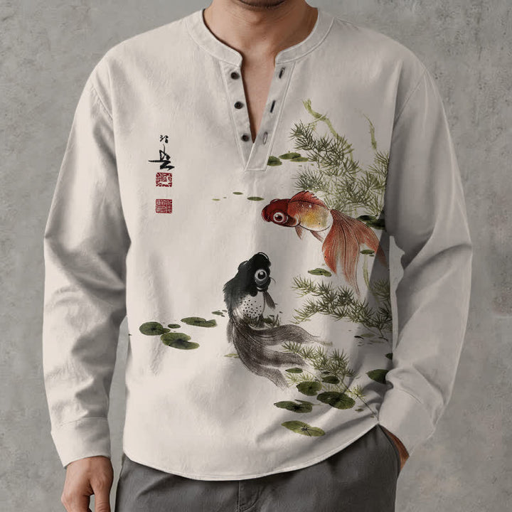 Buddha Stones Cotton Koi Fish Lotus Leaf Grass Ink Pattern V-Neck Buttons Men's Long Sleeve Shirts - Linen - US/UK/AU48，EU58 (4XL) - image 0