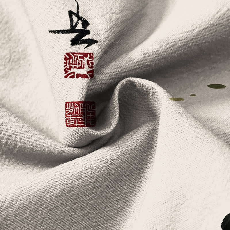 Buddha Stones Cotton Koi Fish Lotus Leaf Grass Ink Pattern V-Neck Buttons Men's Long Sleeve Shirts - image 6