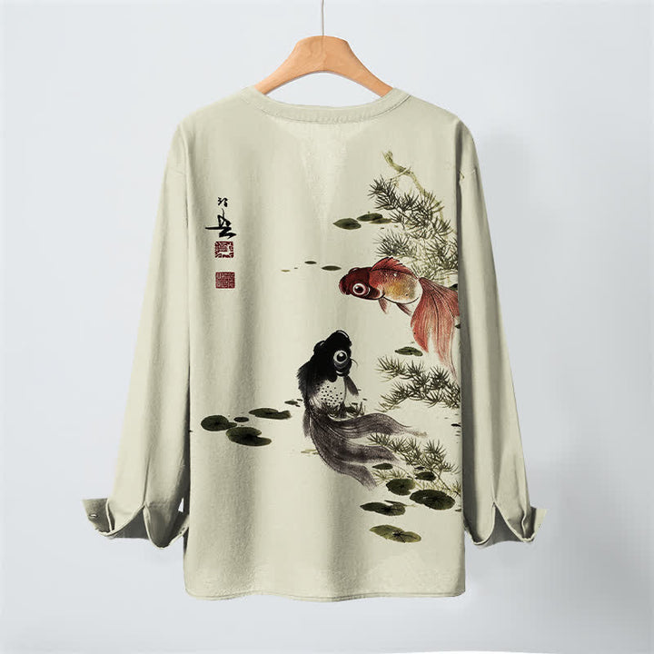 Buddha Stones Cotton Koi Fish Lotus Leaf Grass Ink Pattern V-Neck Buttons Men's Long Sleeve Shirts - image 10