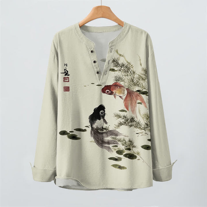 Buddha Stones Cotton Koi Fish Lotus Leaf Grass Ink Pattern V-Neck Buttons Men's Long Sleeve Shirts - image 9