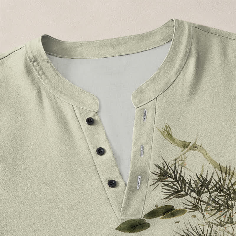 Buddha Stones Cotton Koi Fish Lotus Leaf Grass Ink Pattern V-Neck Buttons Men's Long Sleeve Shirts - image 11