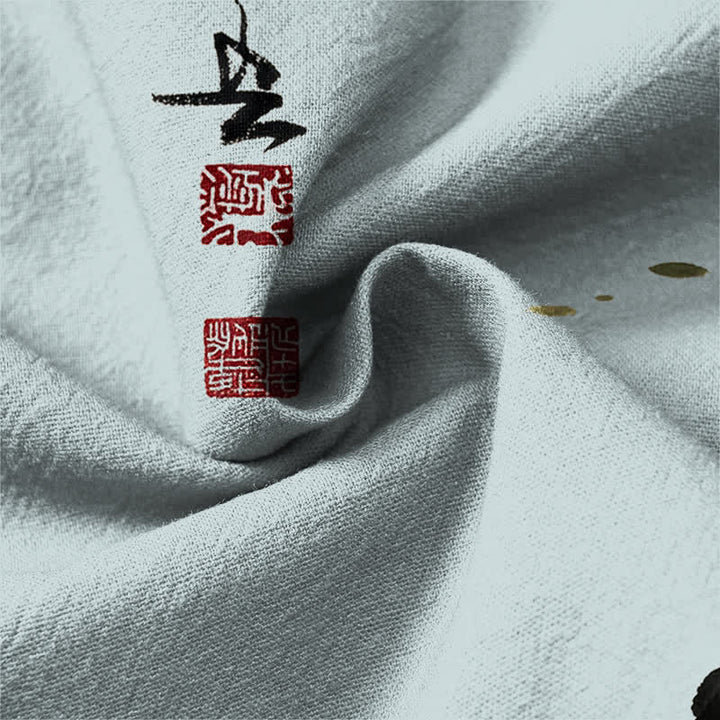 Buddha Stones Cotton Koi Fish Lotus Leaf Grass Ink Pattern V-Neck Buttons Men's Long Sleeve Shirts - image 20