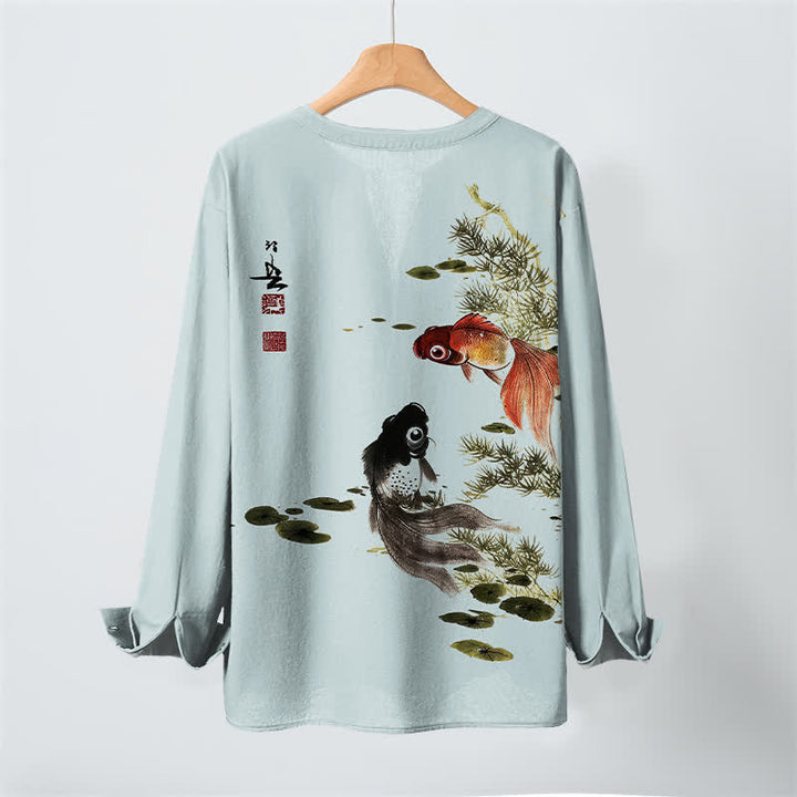 Buddha Stones Cotton Koi Fish Lotus Leaf Grass Ink Pattern V-Neck Buttons Men's Long Sleeve Shirts - image 17