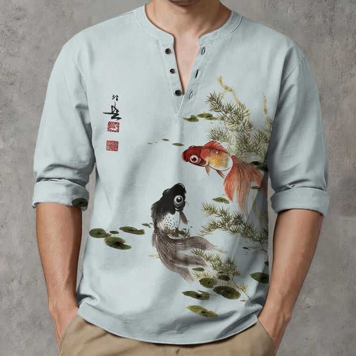 Buddha Stones Cotton Koi Fish Lotus Leaf Grass Ink Pattern V-Neck Buttons Men's Long Sleeve Shirts - image 15