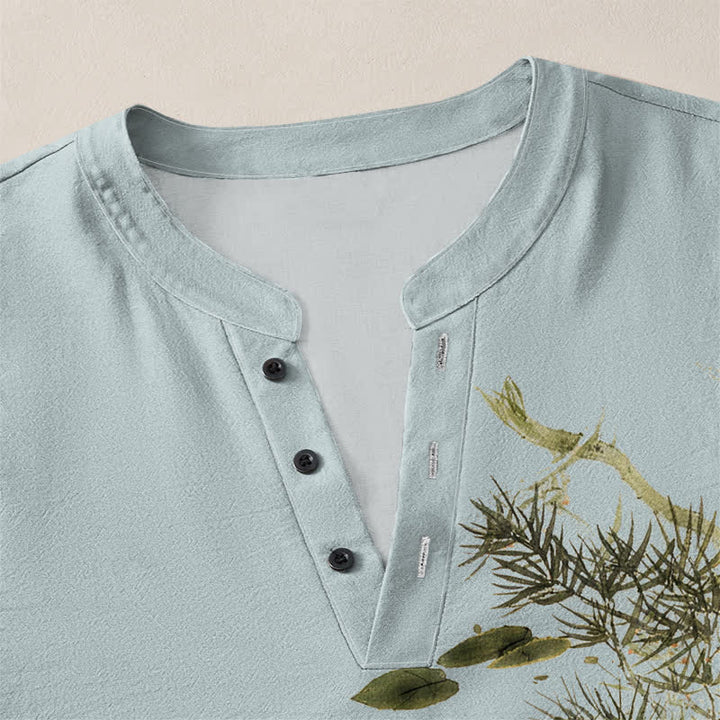 Buddha Stones Cotton Koi Fish Lotus Leaf Grass Ink Pattern V-Neck Buttons Men's Long Sleeve Shirts - image 18