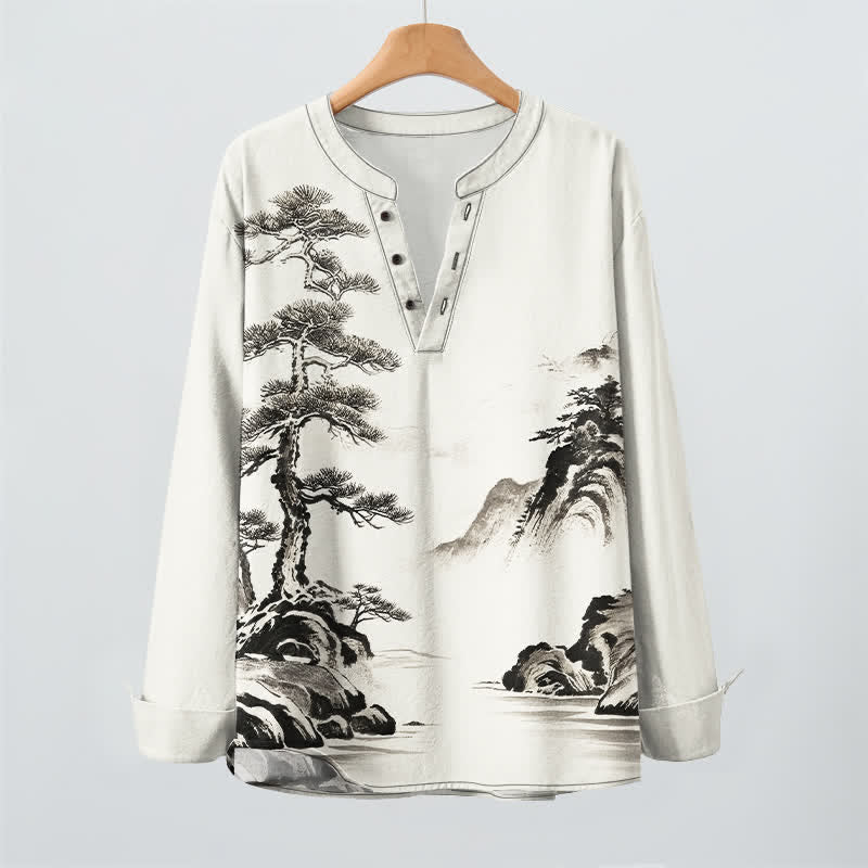 Buddha Stones Cotton Ink Landscape Pine Tree Mountains Pattern V-Neck Buttons Men's Long Sleeve Shirts - image 2