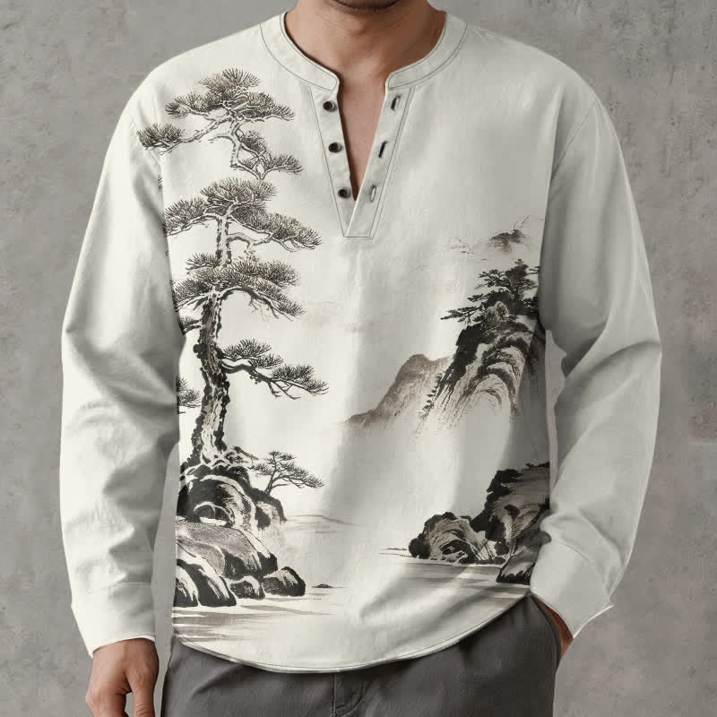 Buddha Stones Cotton Ink Landscape Pine Tree Mountains Pattern V-Neck Buttons Men's Long Sleeve Shirts - Beige - US/UK/AU48，EU58 (4XL) - image 0