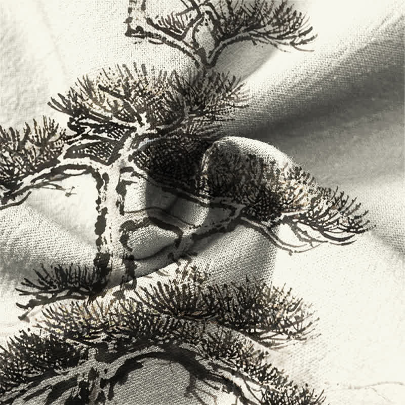 Buddha Stones Cotton Ink Landscape Pine Tree Mountains Pattern V-Neck Buttons Men's Long Sleeve Shirts - image 6