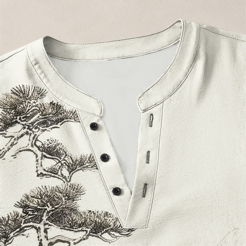 Buddha Stones Cotton Ink Landscape Pine Tree Mountains Pattern V-Neck Buttons Men's Long Sleeve Shirts - image 4