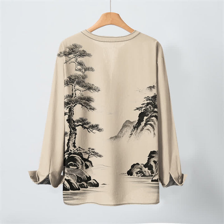 Buddha Stones Cotton Ink Landscape Pine Tree Mountains Pattern V-Neck Buttons Men's Long Sleeve Shirts - image 10