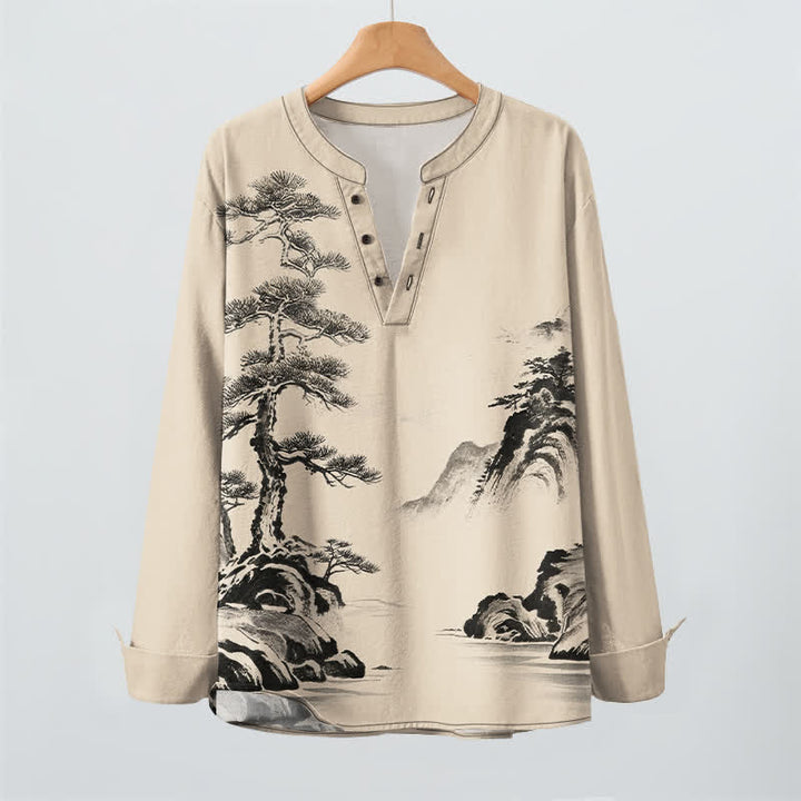 Buddha Stones Cotton Ink Landscape Pine Tree Mountains Pattern V-Neck Buttons Men's Long Sleeve Shirts - image 9