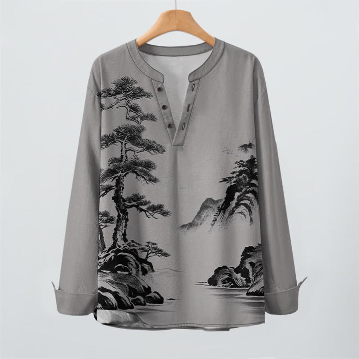 Buddha Stones Cotton Ink Landscape Pine Tree Mountains Pattern V-Neck Buttons Men's Long Sleeve Shirts - image 16