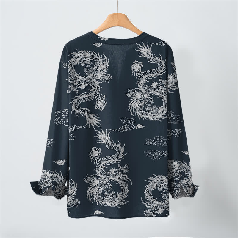 Buddha Stones Cotton Oriental White Dragon Cloud Pattern V-Neck Buttons Men's Long Sleeve Shirts - image 3