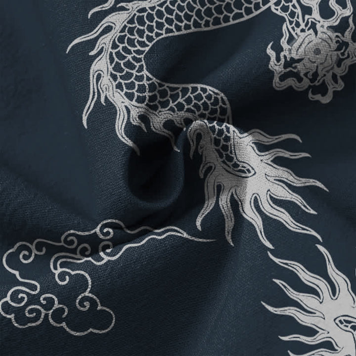 Buddha Stones Cotton Oriental White Dragon Cloud Pattern V-Neck Buttons Men's Long Sleeve Shirts - image 6