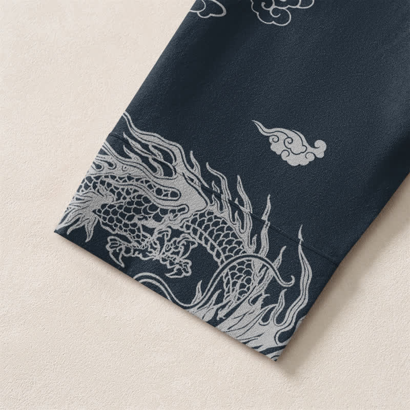 Buddha Stones Cotton Oriental White Dragon Cloud Pattern V-Neck Buttons Men's Long Sleeve Shirts - image 5