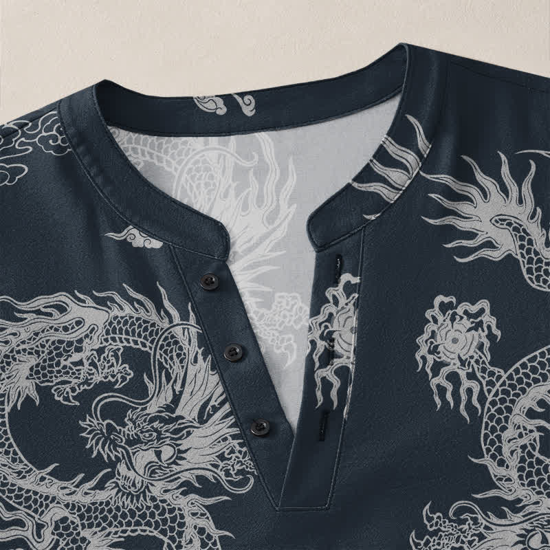 Buddha Stones Cotton Oriental White Dragon Cloud Pattern V-Neck Buttons Men's Long Sleeve Shirts - image 4