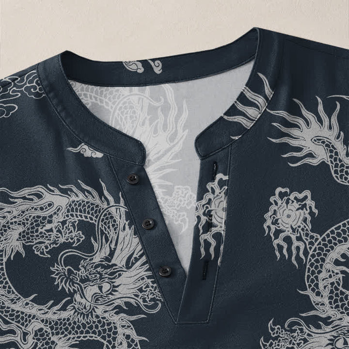 Buddha Stones Cotton Oriental White Dragon Cloud Pattern V-Neck Buttons Men's Long Sleeve Shirts - image 4