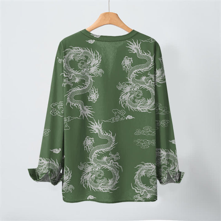 Buddha Stones Cotton Oriental White Dragon Cloud Pattern V-Neck Buttons Men's Long Sleeve Shirts - image 10
