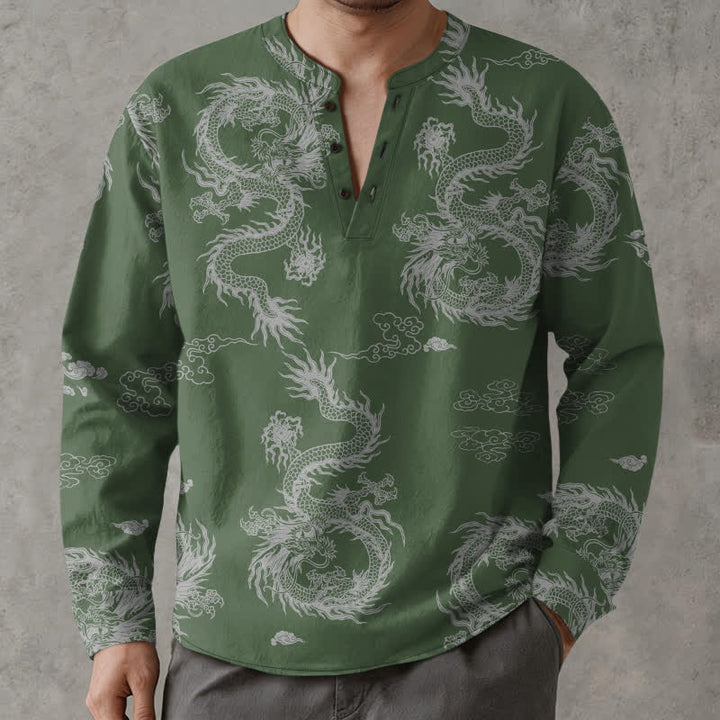 Buddha Stones Cotton Oriental White Dragon Cloud Pattern V-Neck Buttons Men's Long Sleeve Shirts - image 8