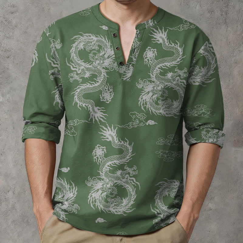 Buddha Stones Cotton Oriental White Dragon Cloud Pattern V-Neck Buttons Men's Long Sleeve Shirts - OliveDrab - US/UK/AU48，EU58 (4XL) - image 7