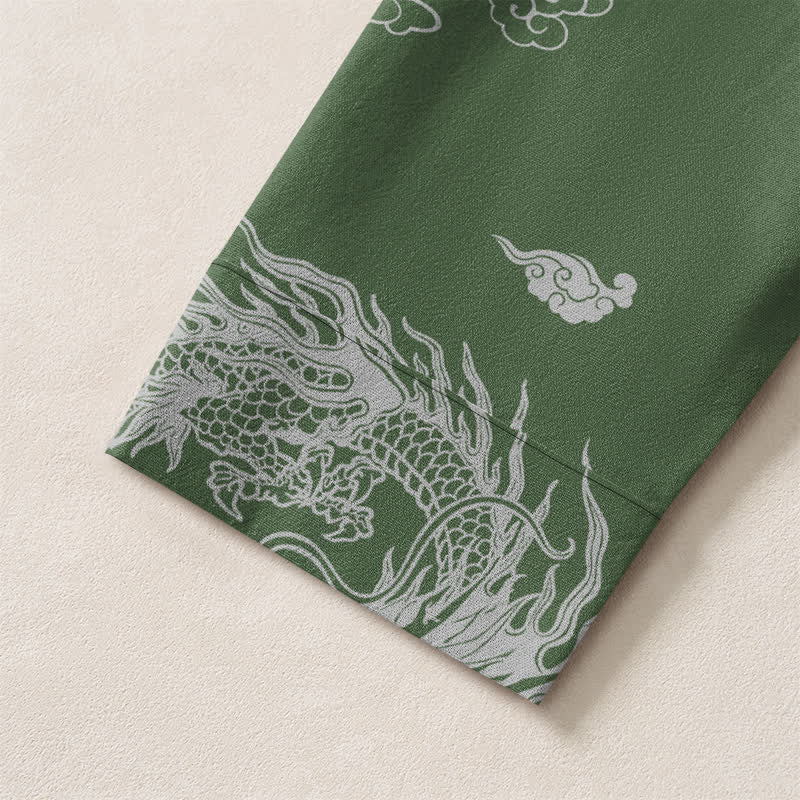 Buddha Stones Cotton Oriental White Dragon Cloud Pattern V-Neck Buttons Men's Long Sleeve Shirts - image 12