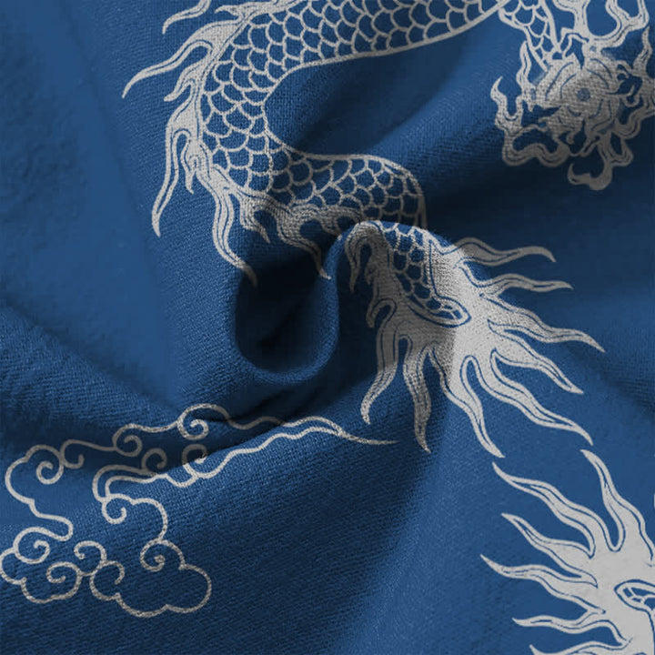 Buddha Stones Cotton Oriental White Dragon Cloud Pattern V-Neck Buttons Men's Long Sleeve Shirts - image 20